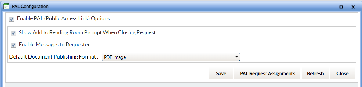 Configuration options for PAL settings including document publishing format and action buttons.